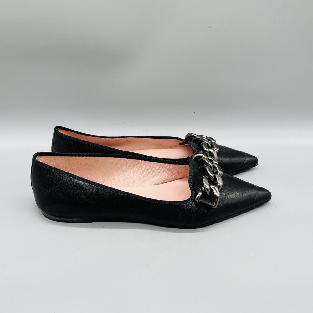 Pretty Ballerinas Shoes Womens 10 Black Leather Chain Ballet Flats Pointed Toe